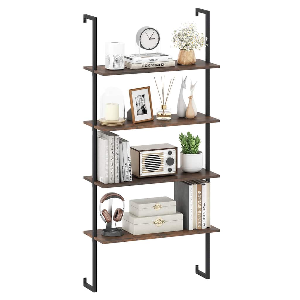 Costway 4-Tier Ladder Shelf Bookshelf Industrial Wall Shelf w/Metal - 30'' x 12'' x 64''