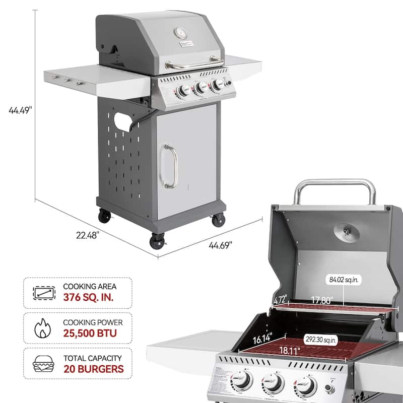 Royal Gourmet Stainless Steel 3-Burner Gas Grill, Cabinet Style Grill with Side Tables, 25,500 BTU