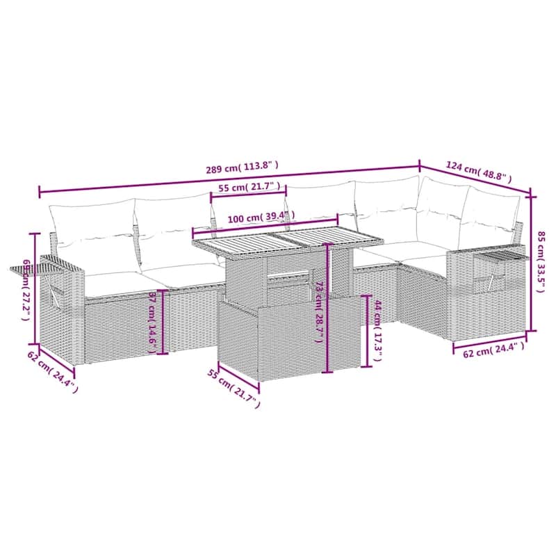 vidaXL Patio Sofa Set with Cushions Outdoor Furniture 7 Piece Poly Rattan - 24.4 x 24.4 x 27.2