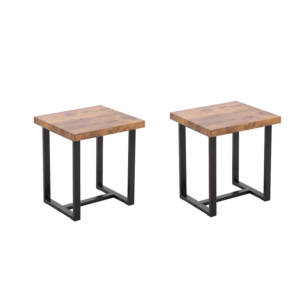 2 Pieces Small Tea Table,Walnut Night Stand,MDF Side Table, Sofa Table with Metal Leg