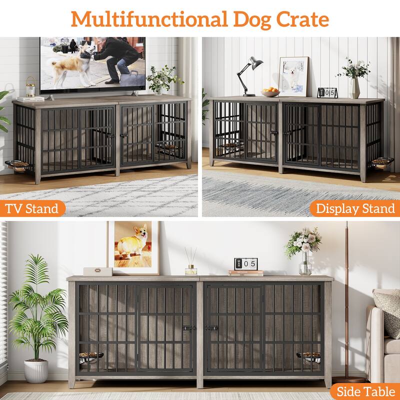 Large Dog Crate Furniture, 78"L Wooden Dog Crate Kennel with Removable Divider