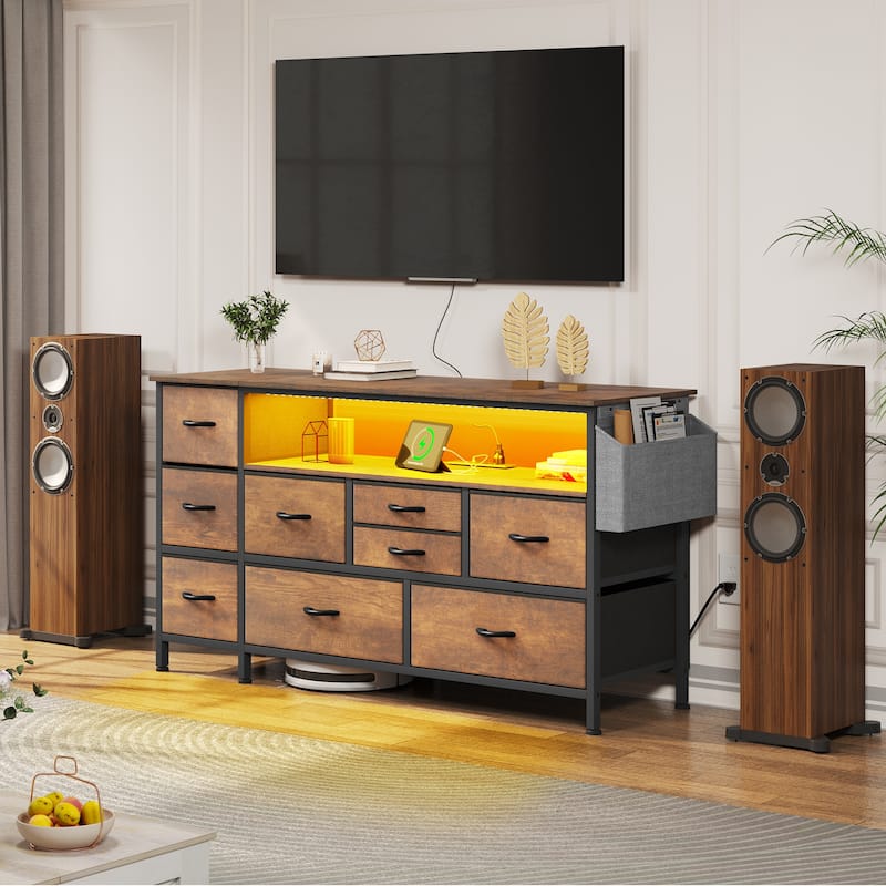 Moasis 50"W 9-drawer Fabric Dresser, Media Console, TV Stand with Outlets, RGB Lights
