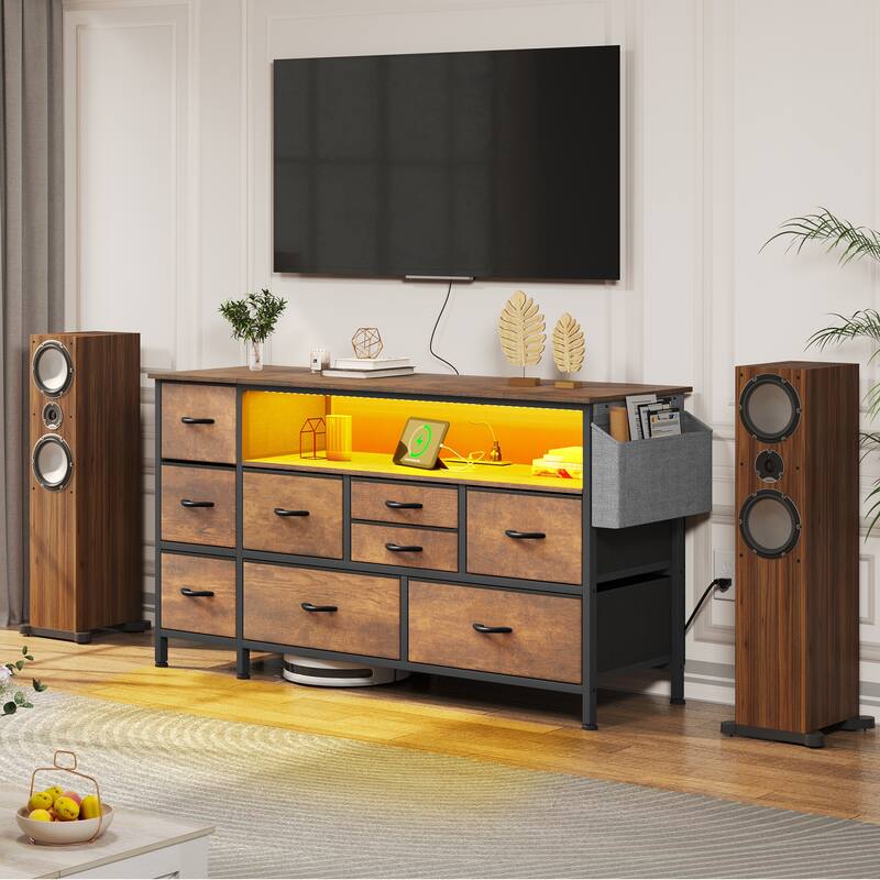 Moasis 50"W 9-drawer Fabric Dresser, Media Console, TV Stand with Outlets, RGB Lights