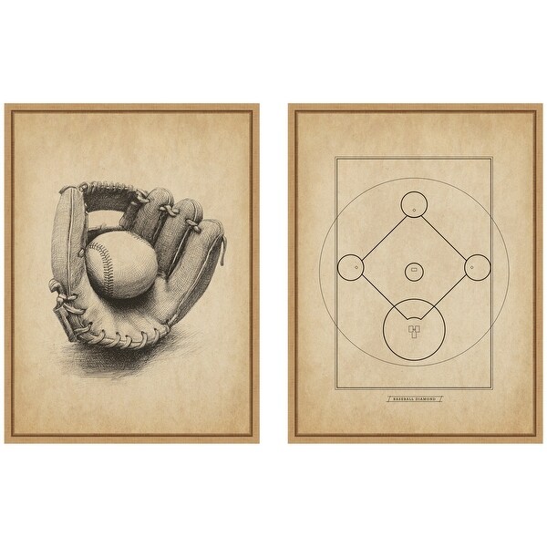 Kate and Laurel Antique Baseball 2 Piece Framed Canvas Wall Art Set