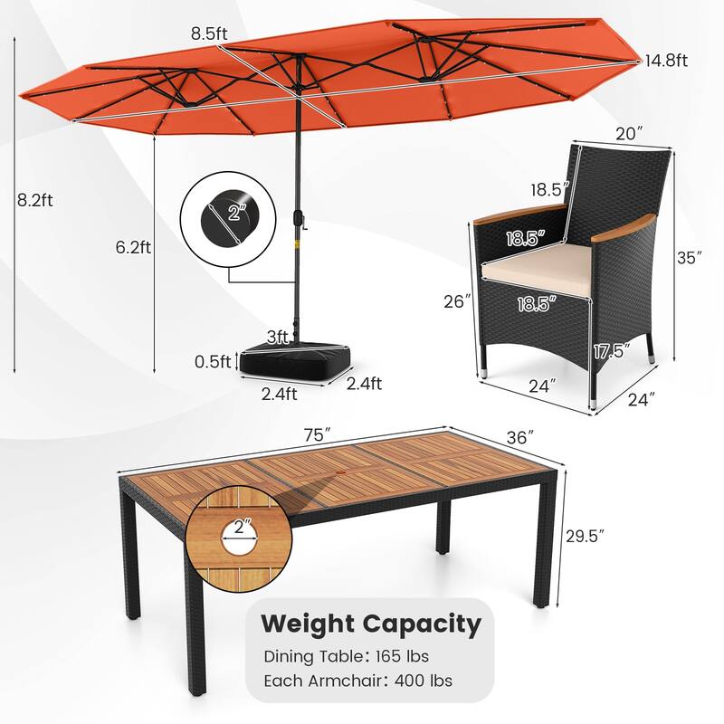 Gymax Set Of 11 Patio Dining Set w/ 15ft Double-Sided Patio Umbrella