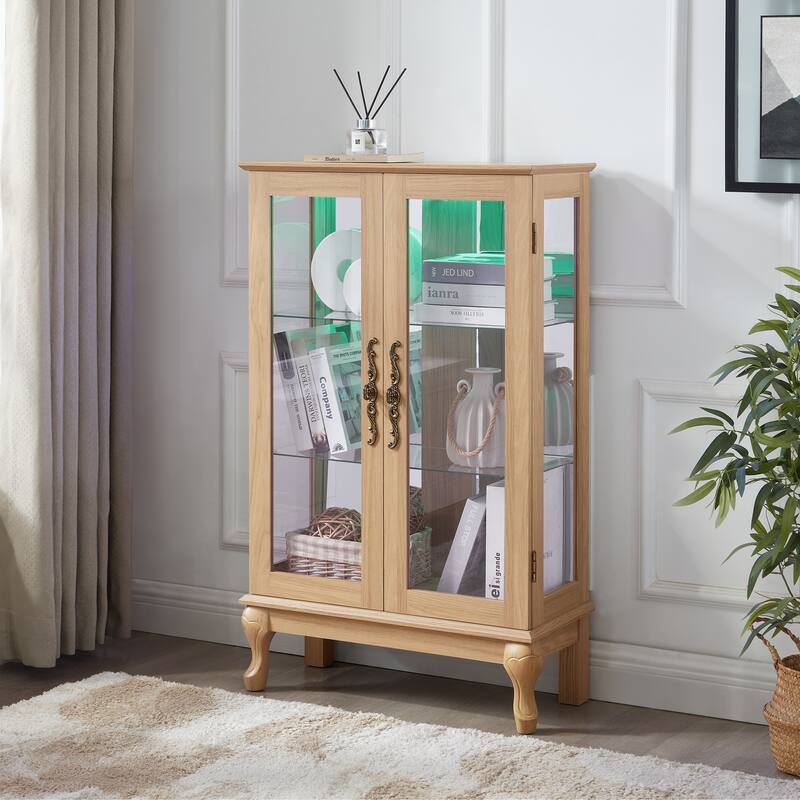 Elegant Light Oak Curio Cabinet with Tempered Glass Doors, LED Light, Mirrored Back Panel & Adjustable Shelves