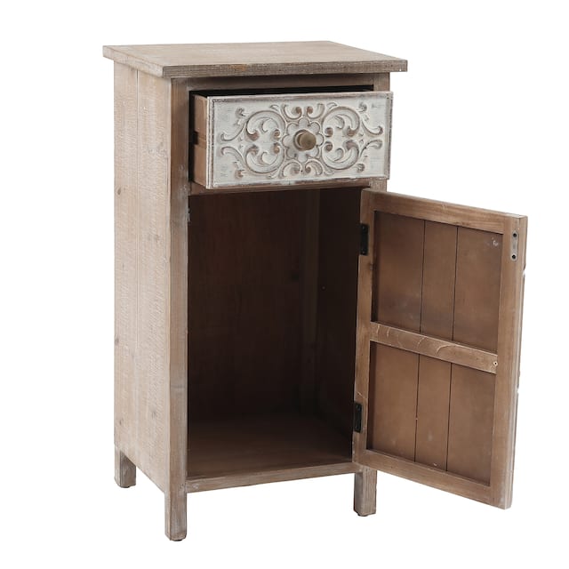 Floral Carved Wood 1-Door 1-Drawer End Table with Storage - 30.125" H x 16" W x 12.375" D