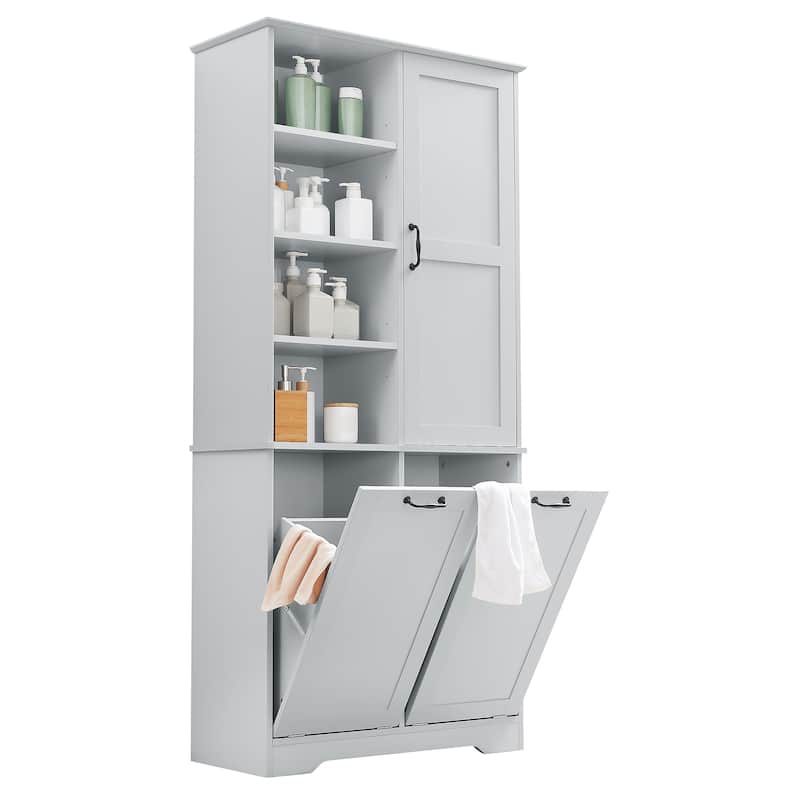 Bathroom Cabinet with Doors and Drawers,Tilt-Out Laundry Hamper,Multiple Space,Freestanding Style,Open Shelve, Adjustable Shelf