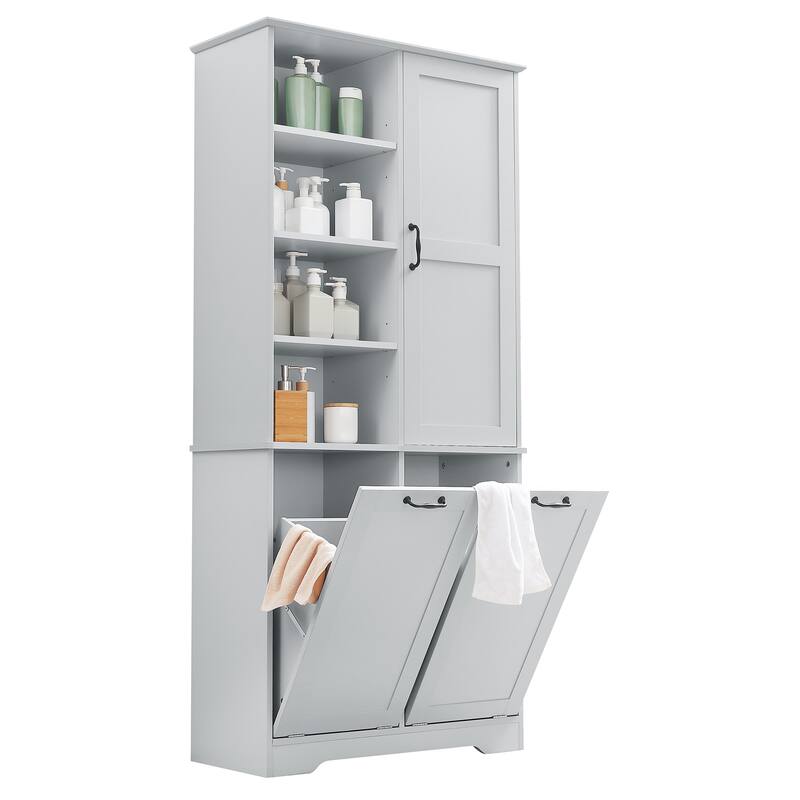 Bathroom Storage Cabinet - Tilt-Out Hamper, Adjustable Shelves & Drawers, Freestanding