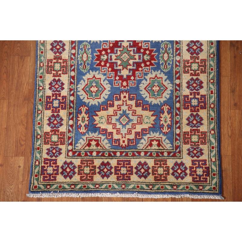 Blue Kazak Runner Rug Hand-Knotted Wool Carpet - 2'7" x 13'2"
