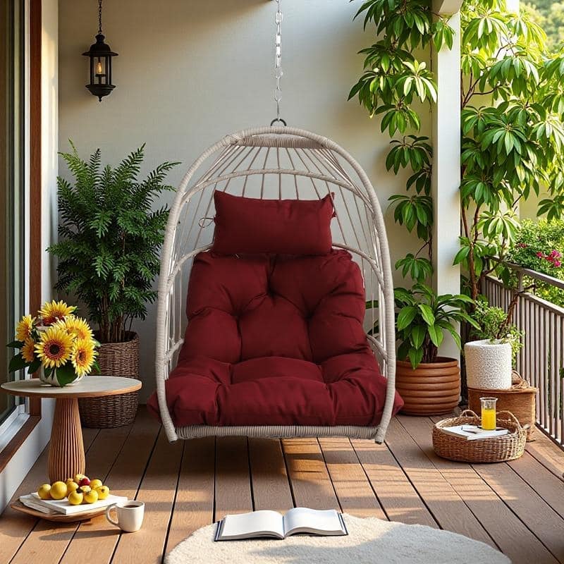 Foldable PE Wicker Hanging Chair with Removable Cushion and Weather-Resistant Design (Outdoor/Indoor Use)