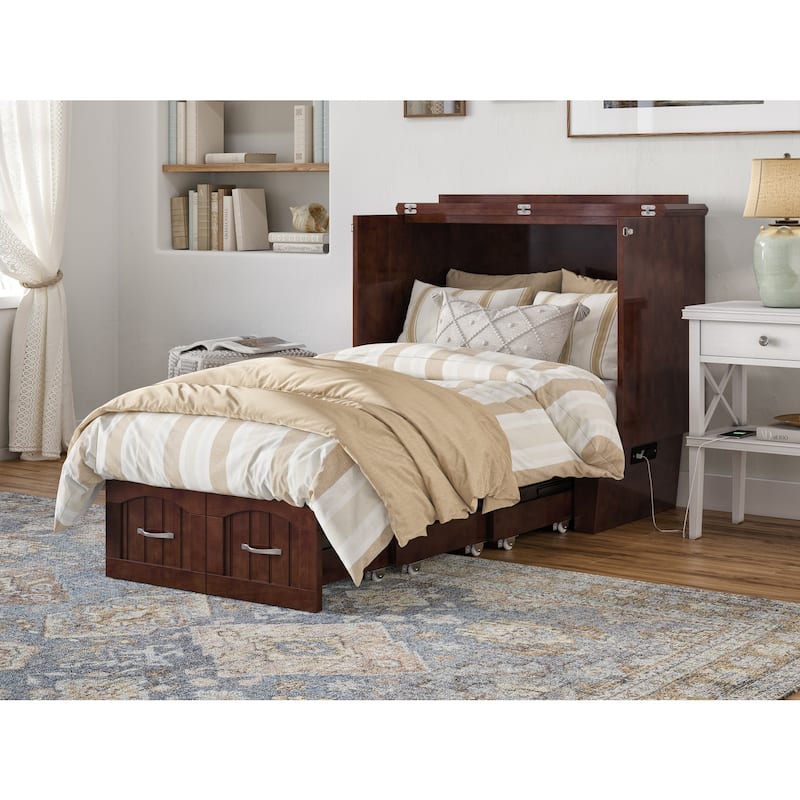 Twin Murphy Bed Chest with Storage and Charging Station in Walnut