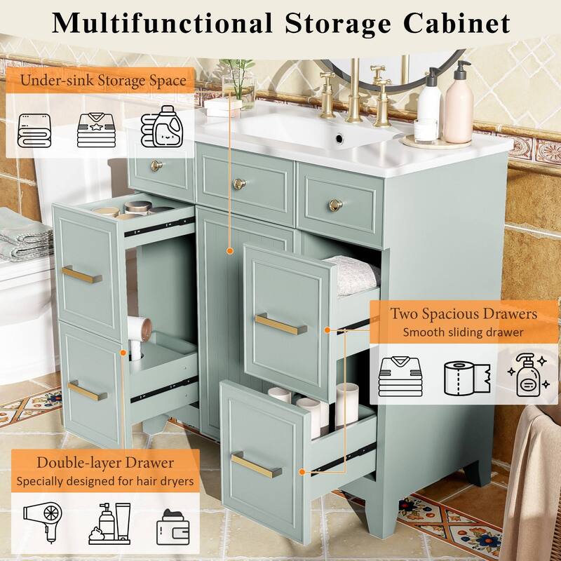 36 Inch Bathroom Vanity with Sink Combo Solid Wood Cabinet 3 Drawers