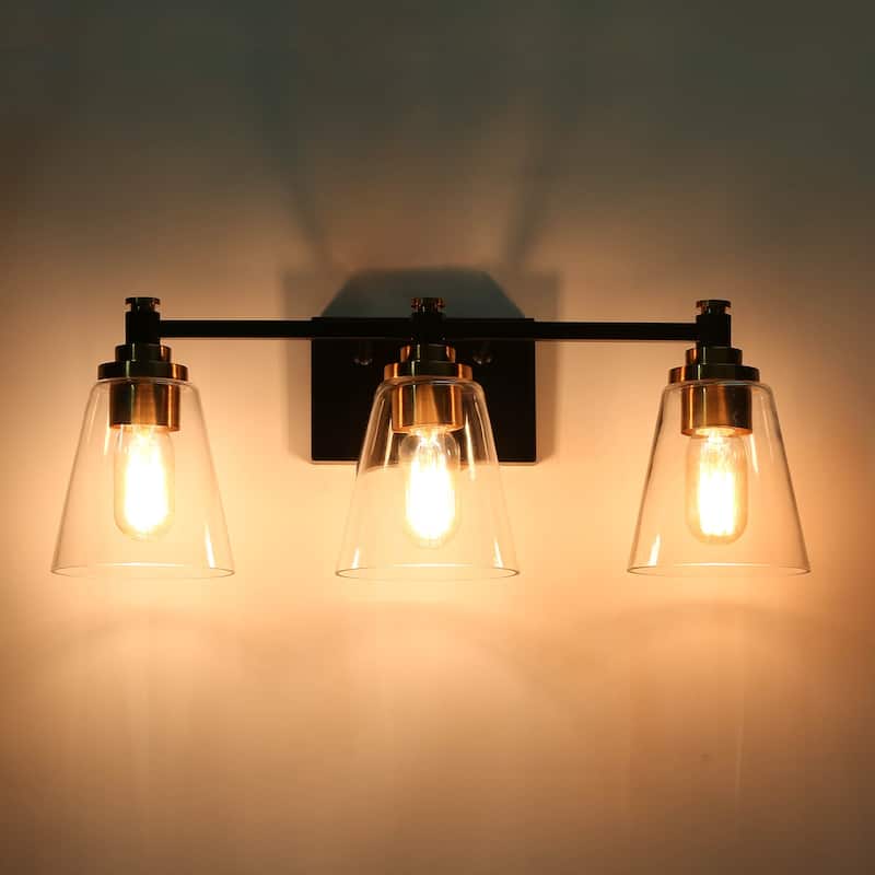 3-Light Modern Black Gold Bathroom Vanity Light Dimmable Cone Wall Sconces