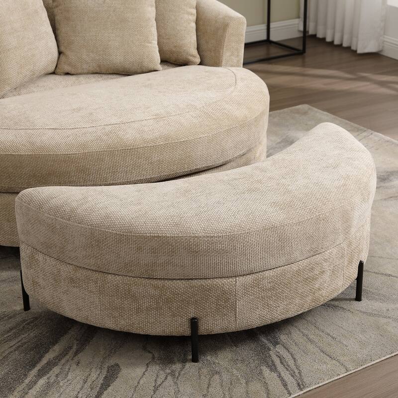 Modern Sofa Chair Round Accent Barrel Chair With 5 Pillows and Storage Ottoman