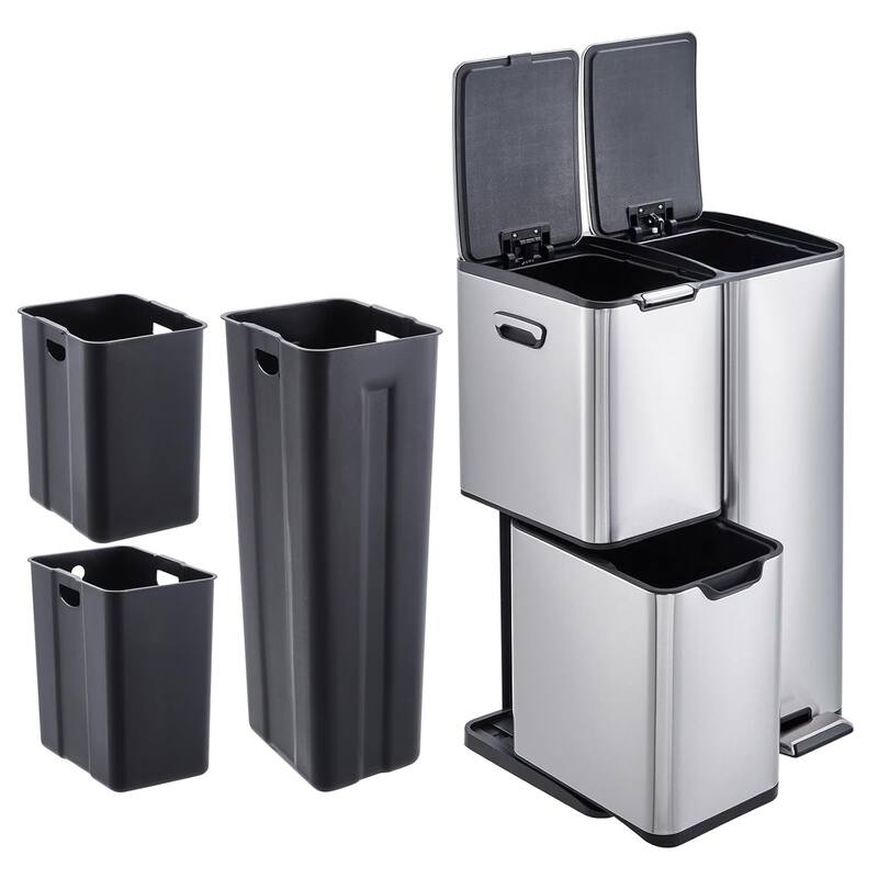 16-Gallon Stainless Steel Triple Recycling Bin 3 Removable Buckets Sliver