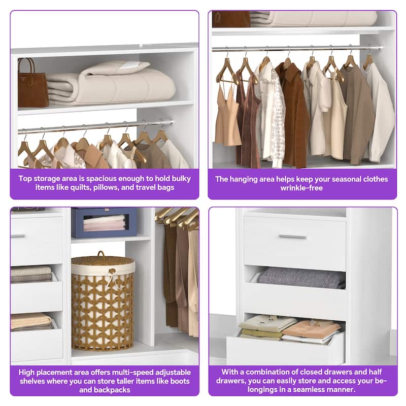 Qvella 72"-108" Closet System with Drawers and Hanging Rods,Freestanding Walk-in Closet Organizer System Wardrobe Closet Tower