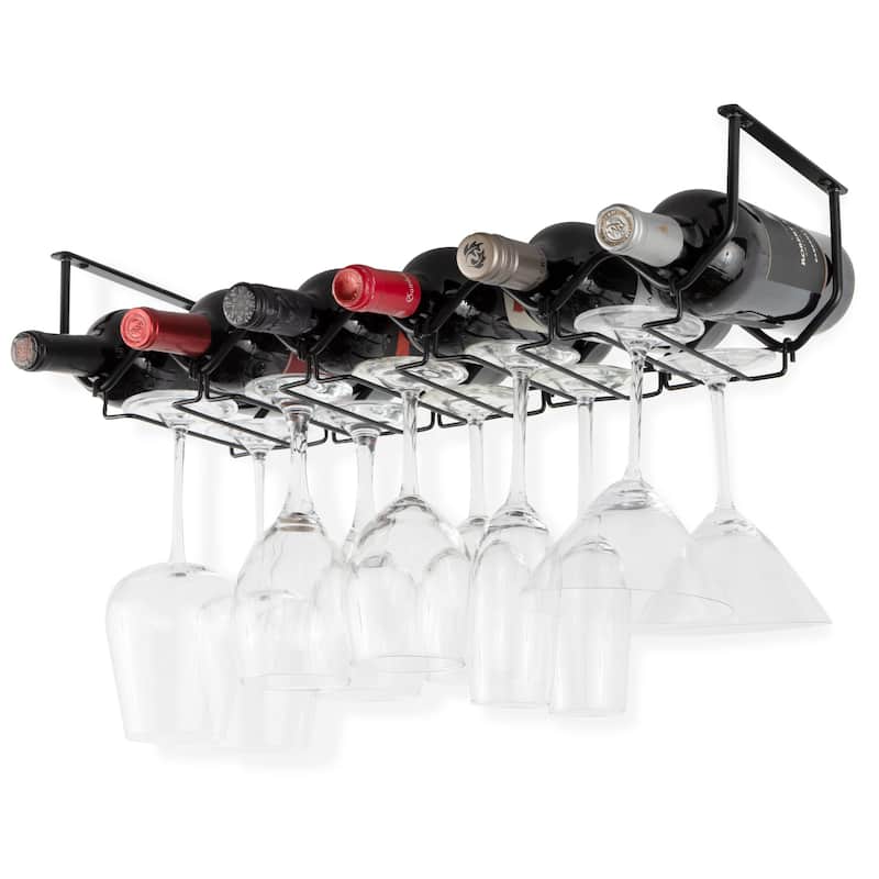 Metal Wine Glass Holder & Wine Bottle Rack for Kitchen and Bar Decor, Black