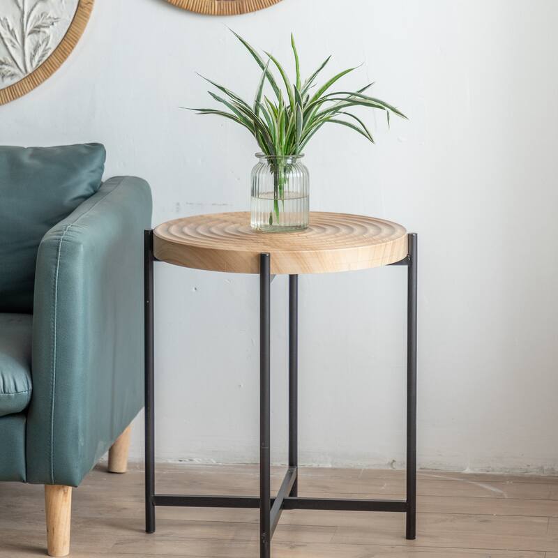 Modern Thread Design Round Coffee Table with Cross Legs Metal Base