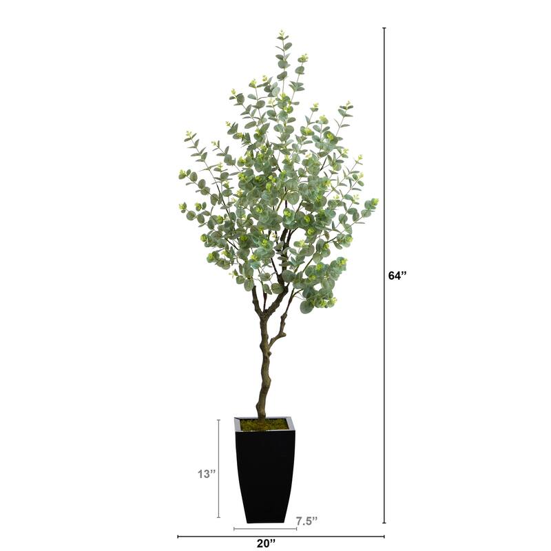Eucalyptus Artificial Tree 64In. with Black Planter - Indoor Faux Tree Décor - Green - 61 Inches and Over