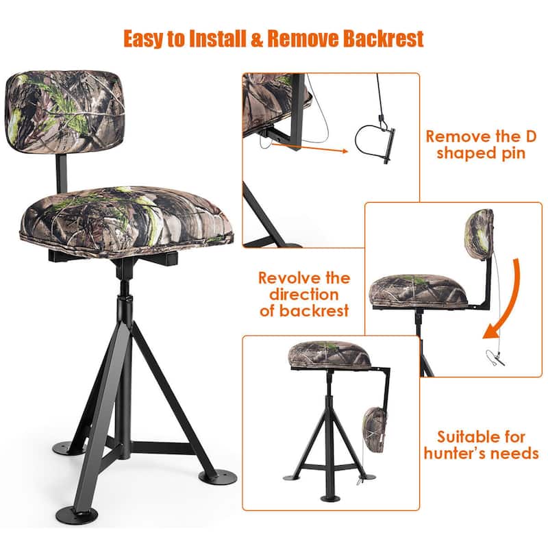 Gymax Swivel Hunting Chair Tripod Blind Stool w/ Detachable Backrest - 16'' x 15'' x 30''