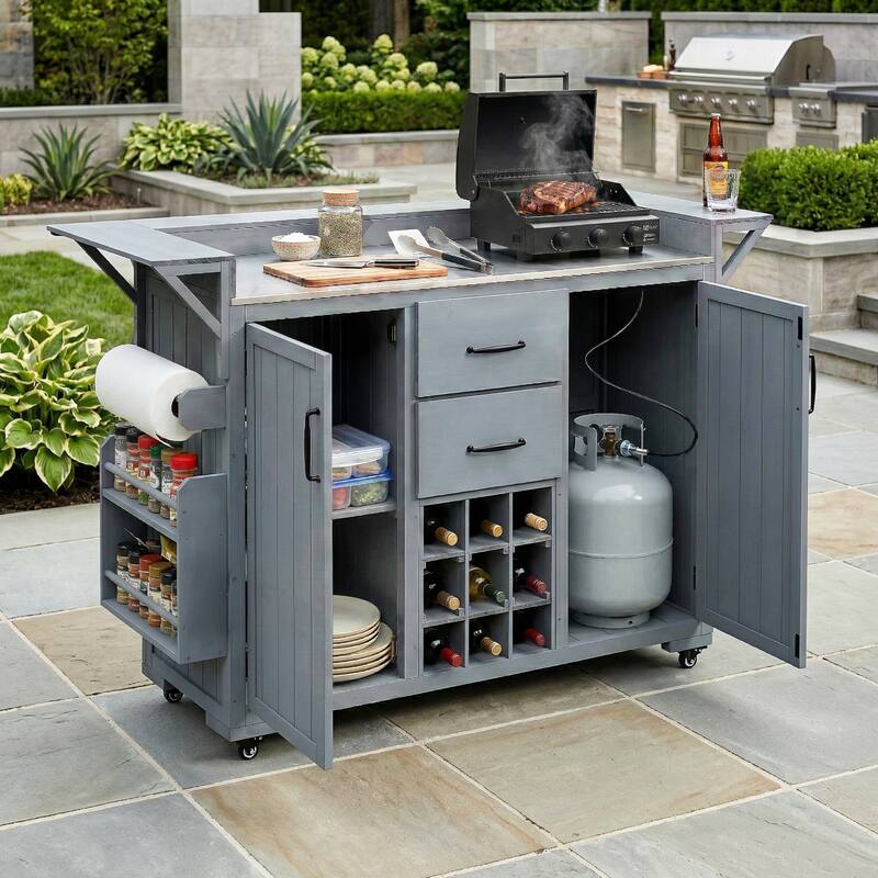 Roomfitters Outdoor Grill Cart and Kitchen Island, Stainless Steel Top, Portable Potting Bench with Storage, Wheels - Grey