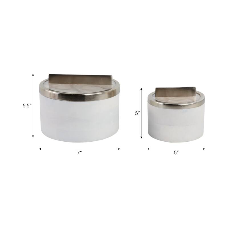 Elegant Round Decorative Box with Metal Lid - Set of 2, 7", 5", White - 7.0"