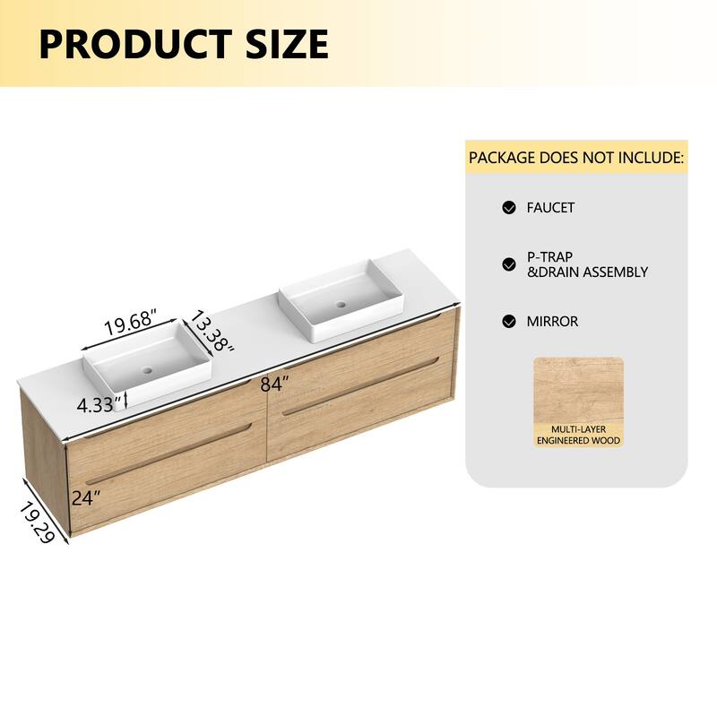 84" Solid Wood Bathroom Vanity with White Quartz Countertop Ceramic Vessel Sink