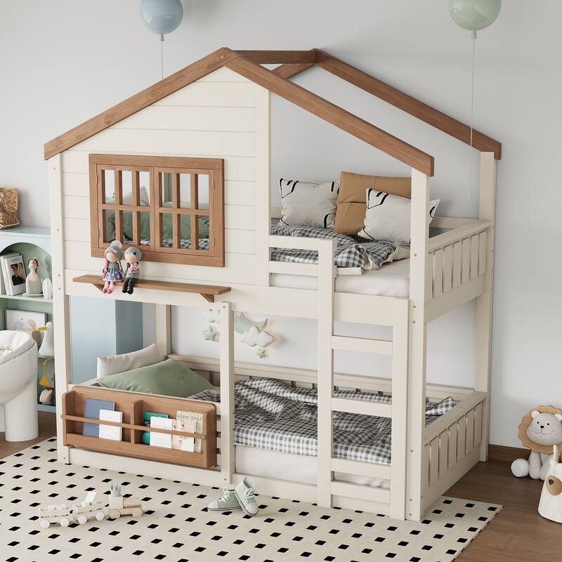 Fairytale House Bunk Bed Wood Loft Bed Frame with Bookshelf and Shelf