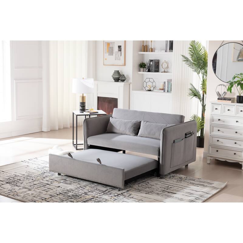 3 in 1 Convertible Sleeper Futon Sofa Bed, 55" Loveseat Lounge Couches with 2 Pillows, USB Ports & Side Pockets