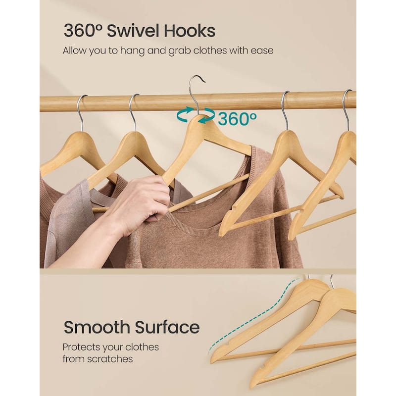 Birch Wood Hangers with Metal Hooks, Slim Design, and 360 Swivel