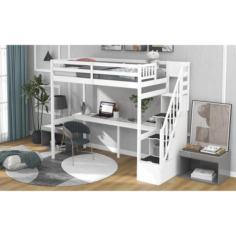 Pine Wood Twin Loft Bed with Builtin Desk, Storage Staircase, Space