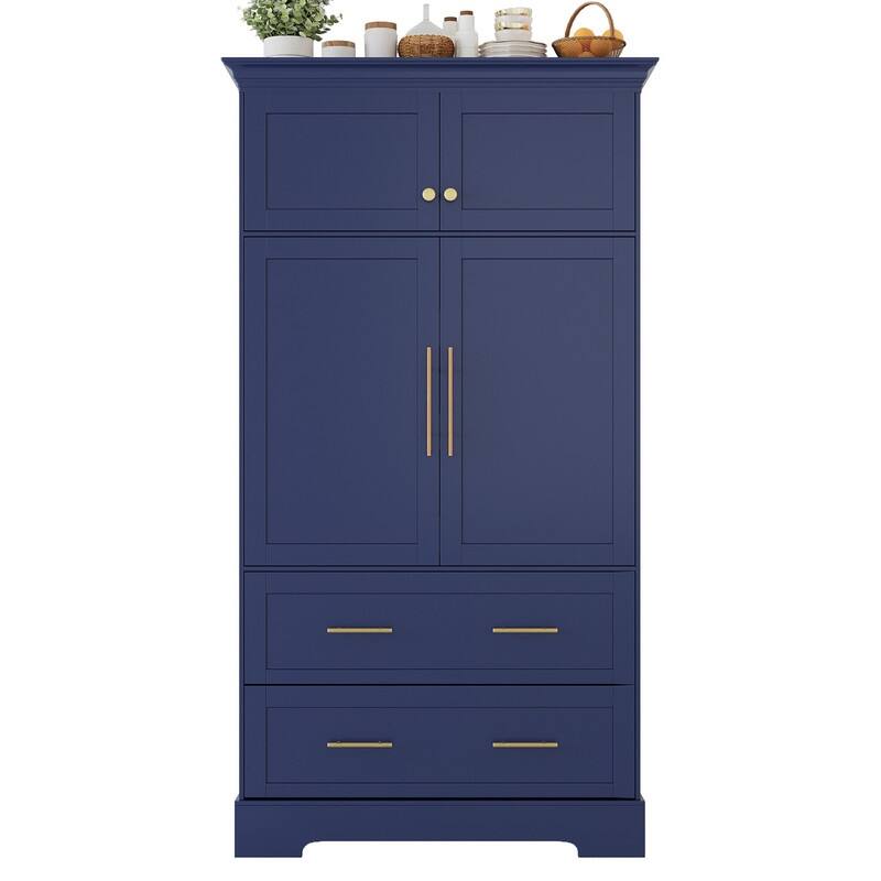 Farmhouse 72.6" Tall Kitchen Pantry with 4 Doors Storage Cabinet , 2 Drawers and Pull-out Trays for Cake Pan Storage Organizer