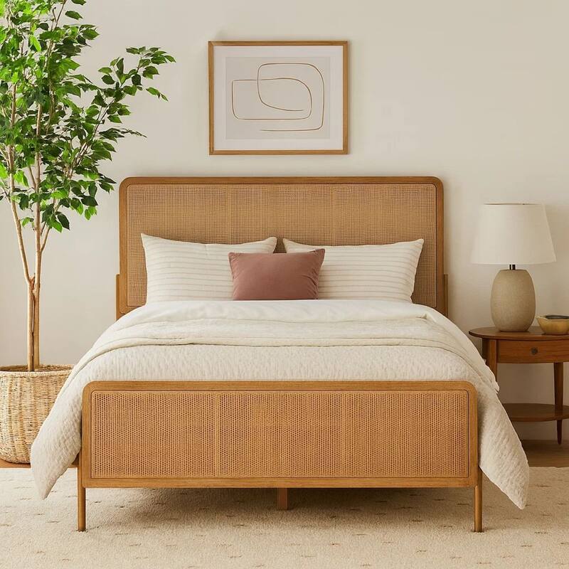 Sea Wood King Size Bed with Woven Cane Design, Open Panel, 4 Slats, Brown