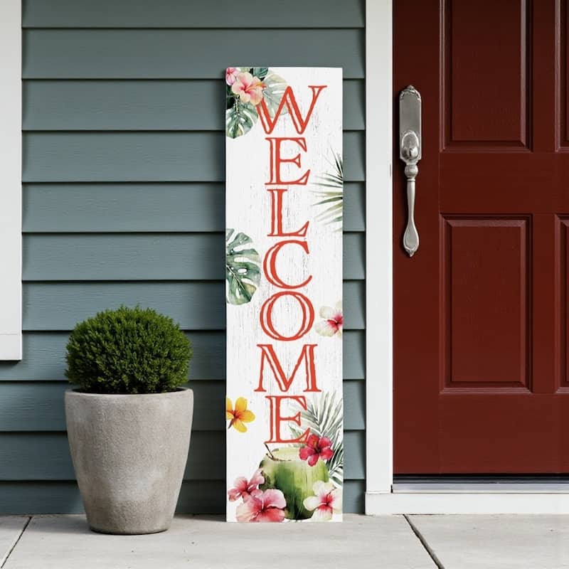 HomeRoots 36" Pink And White Solid Wood Tropical Floral Welcome Porch Sign - White/Pink - Wood