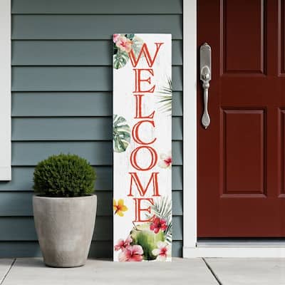 HomeRoots 36" Pink And White Solid Wood Tropical Floral Welcome Porch Sign