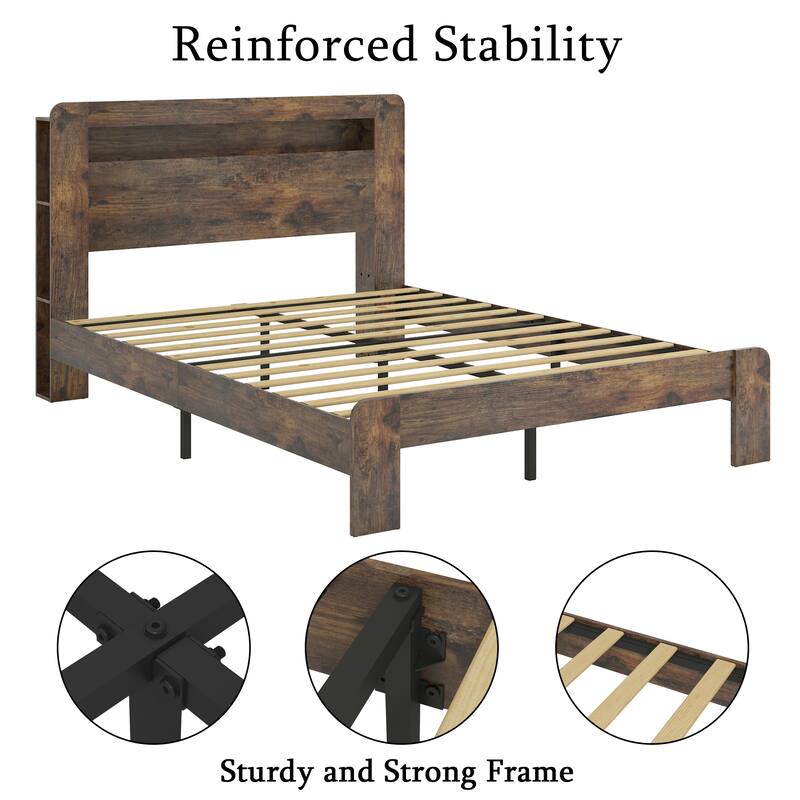 Bed Frame King Size, Wood Platform Bed Frame with Storage LED Light Headboard and 2 USB, Large Under Bed Storage