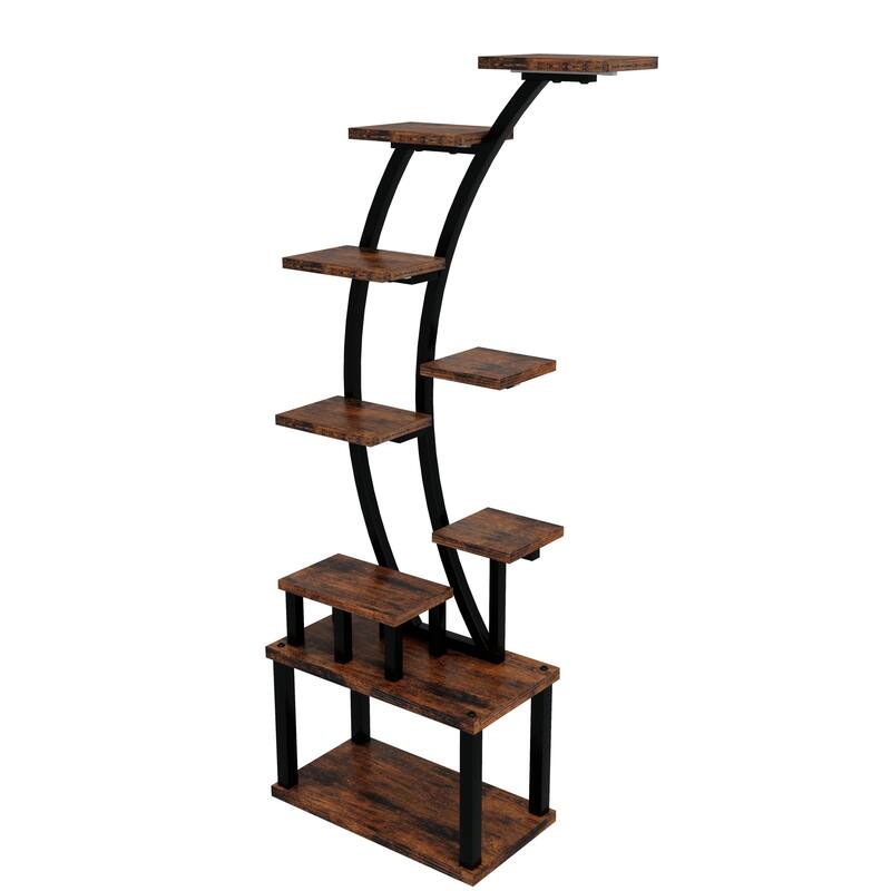 9-Tier Indoor Curved Design Plant Stand with Grow Lights Black Metal Frame and Particleboard Shelves - 20.6”L x 11.2”W x 63.5”H
