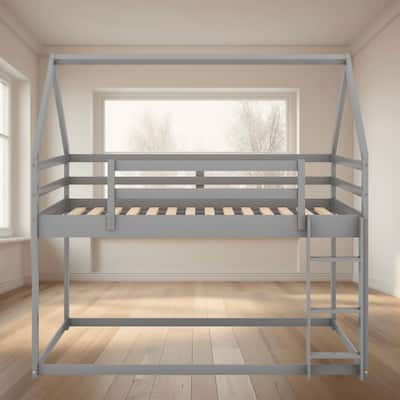 Twin Over Twin Size Low Bunk Platform Bed Frame with House Frame and Ladder, Safe and Stylish Kids Bed, Bedroom Furniture
