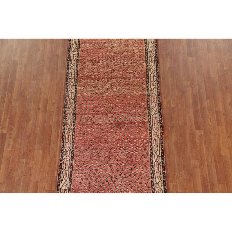 Hand Knotted Oriental 100% Wool Carpet Traditional All-Over Red Botemir Runner Rug - 9' 4'' X 3' 8''