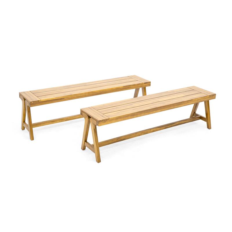 Lumina Outdoor Contemporary Acacia Wood Dining Benches (Set of 2) by Christopher Knight Home - Teak Finish