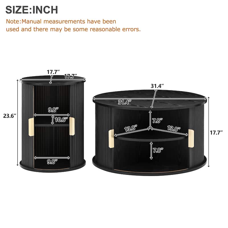 Mid-Century Coffee Table Set of 2 with Sliding Tambour Door, Fluted Design and Golden Handles