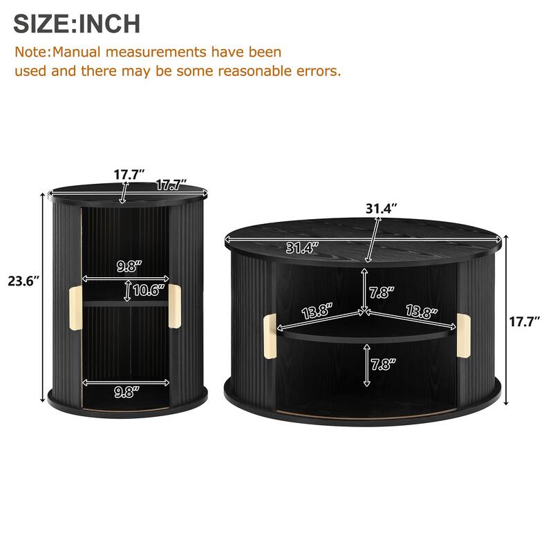 Roomfitters Mid-Century Coffee Table Set with Sliding Tambour Door, Round Fluted End Table with Storage