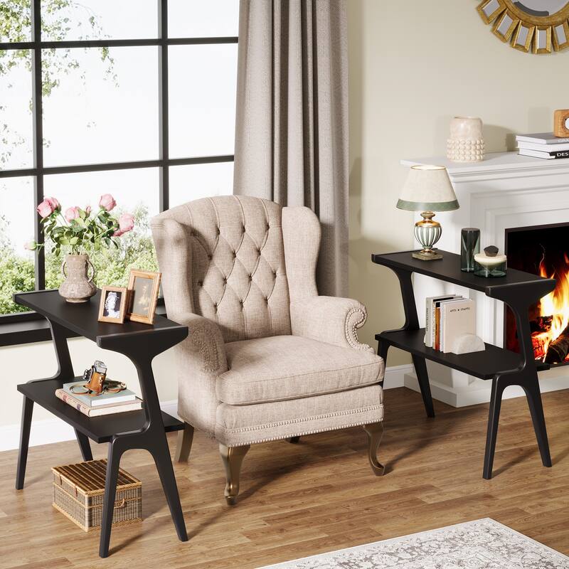 Modern SideTable with Storage Shelf, Sofa End Table with Solid Wood Legs, Bedside Table, Nightstand for Bedroom, Living Room