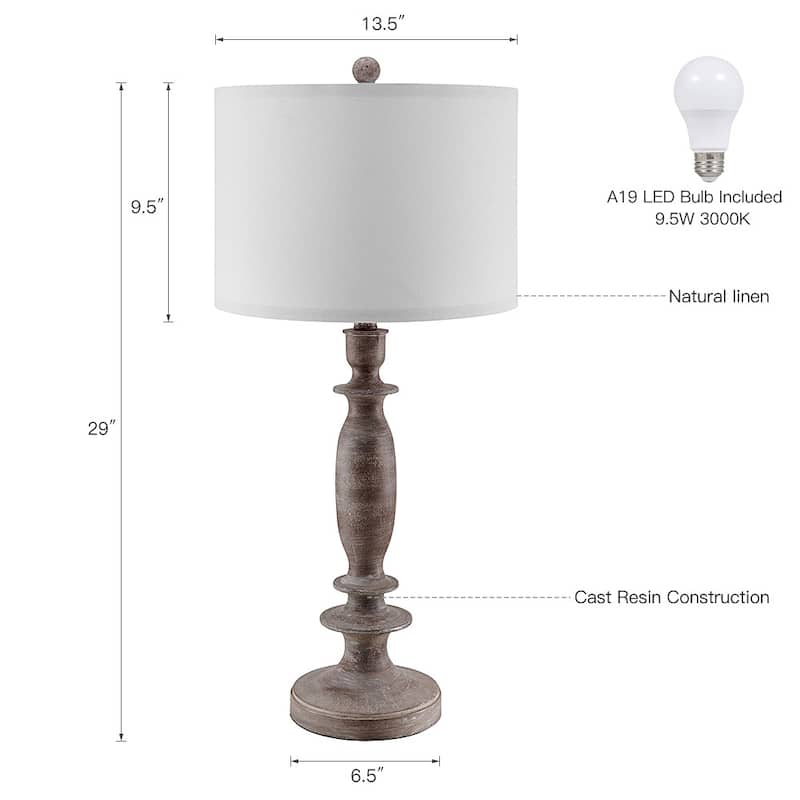 29 in. Wood Farmhouse Table Lamp with White Linen Shade, 9.5-Watt LED Bulbs Included (Set of 2) - 2-Pack 29"H