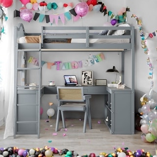 Wooden Full Loft Bed with U-shaped Desk,Storage Compartments and Tri-fold Mirror