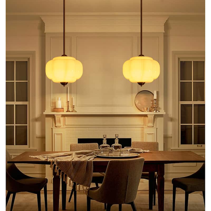 1-Light Retro Antique Brass Pumpkin Shaped Flush Mount Ceiling Light/Pendant Light with Milk/Green Glass for Kitchen,Dining Room