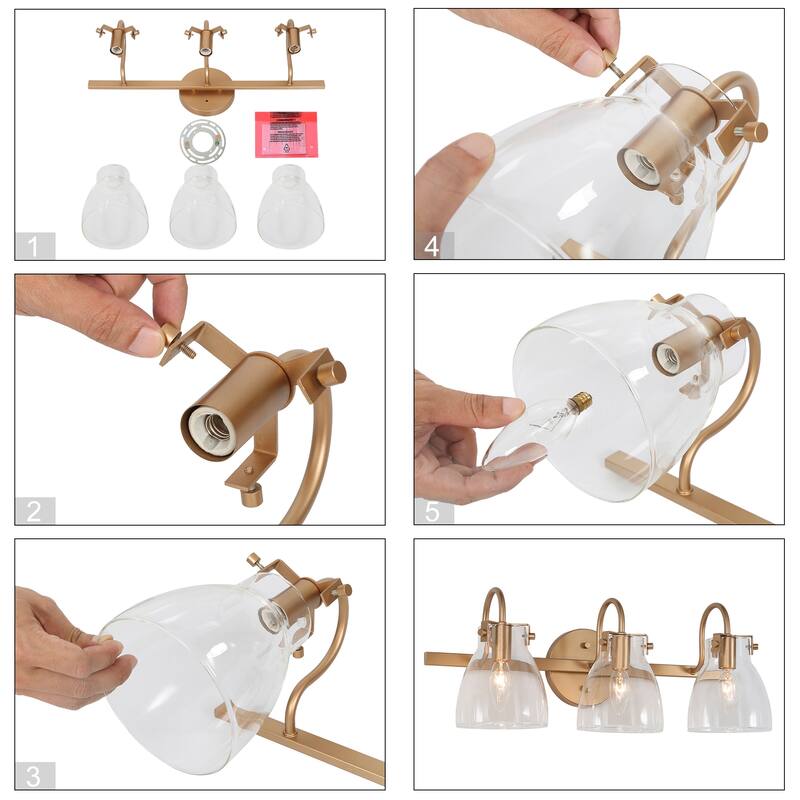 Modern 3-Light Gold Bathroom Vanity Light Glass Wall Sconces - Warm Gold - 21" L x 9" W x 8" H