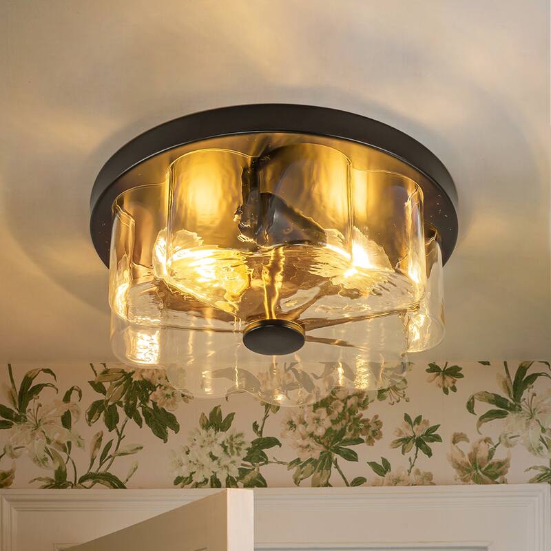 2-light Modern Farmhouse Matte Black Flush Mount Ceiling Light with Clear Flower-Shaped Glass Shade