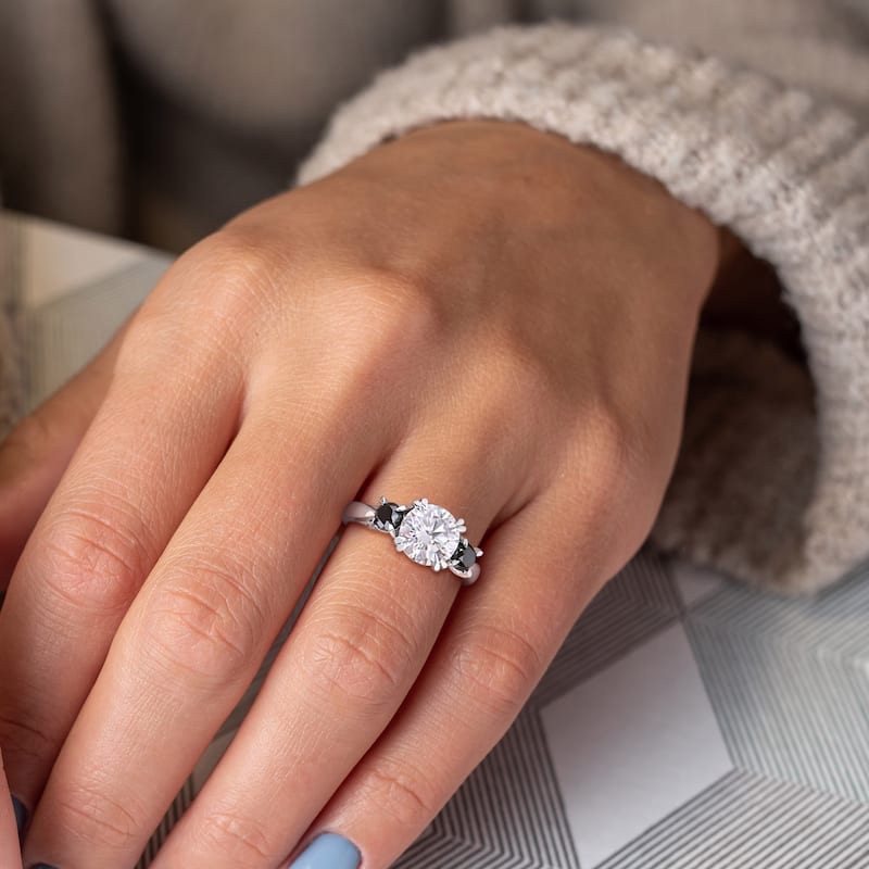 Miadora 2ct DEW Created Moissanite and 3/4ct TDW Black Diamond 3-Stone Engagement Ring in 10k White Gold